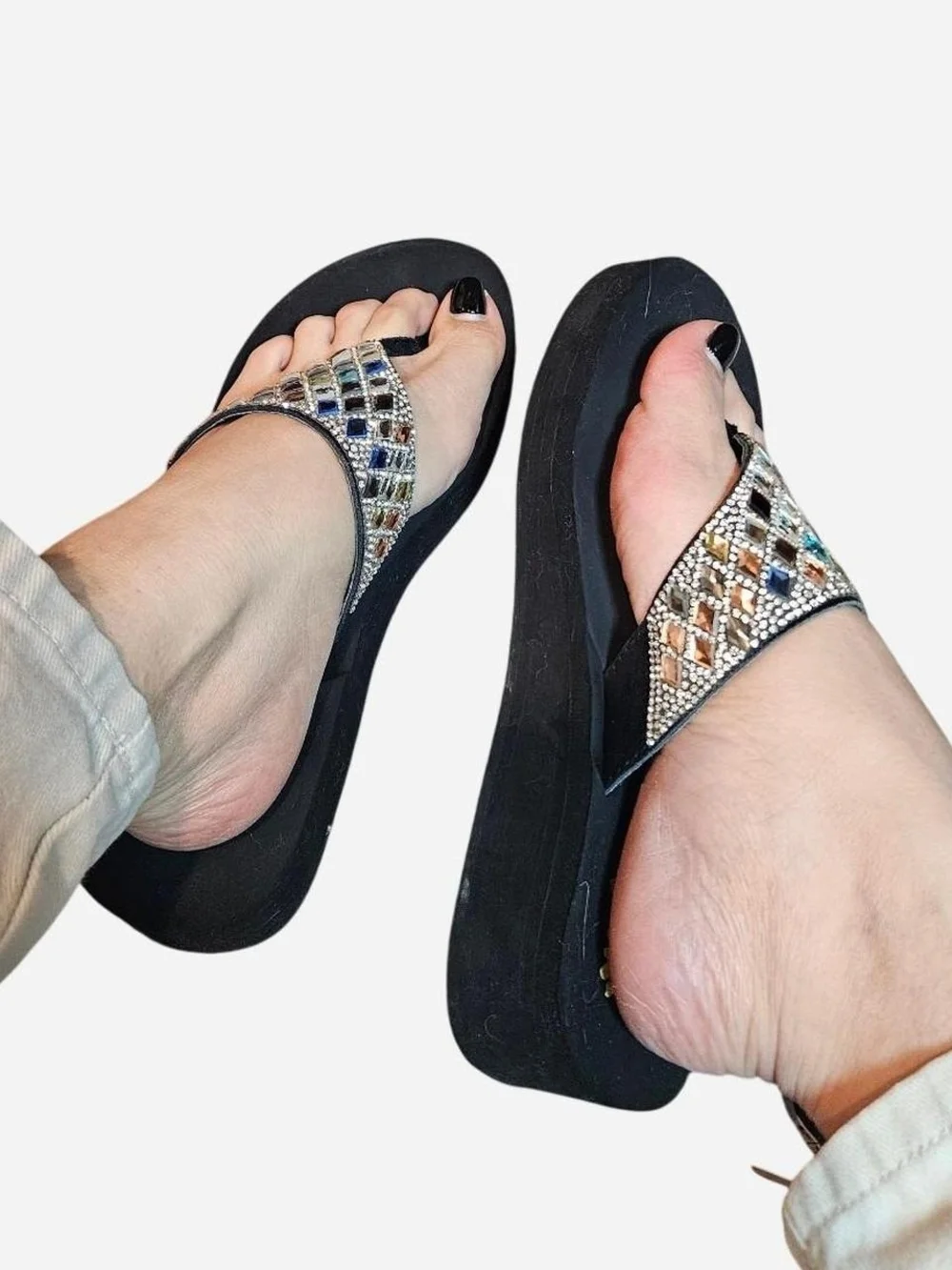 Y2K Style Platform Yellow Box Black Multistone Jeweled Thong Sandals Size 9 - Picture 8 of 8